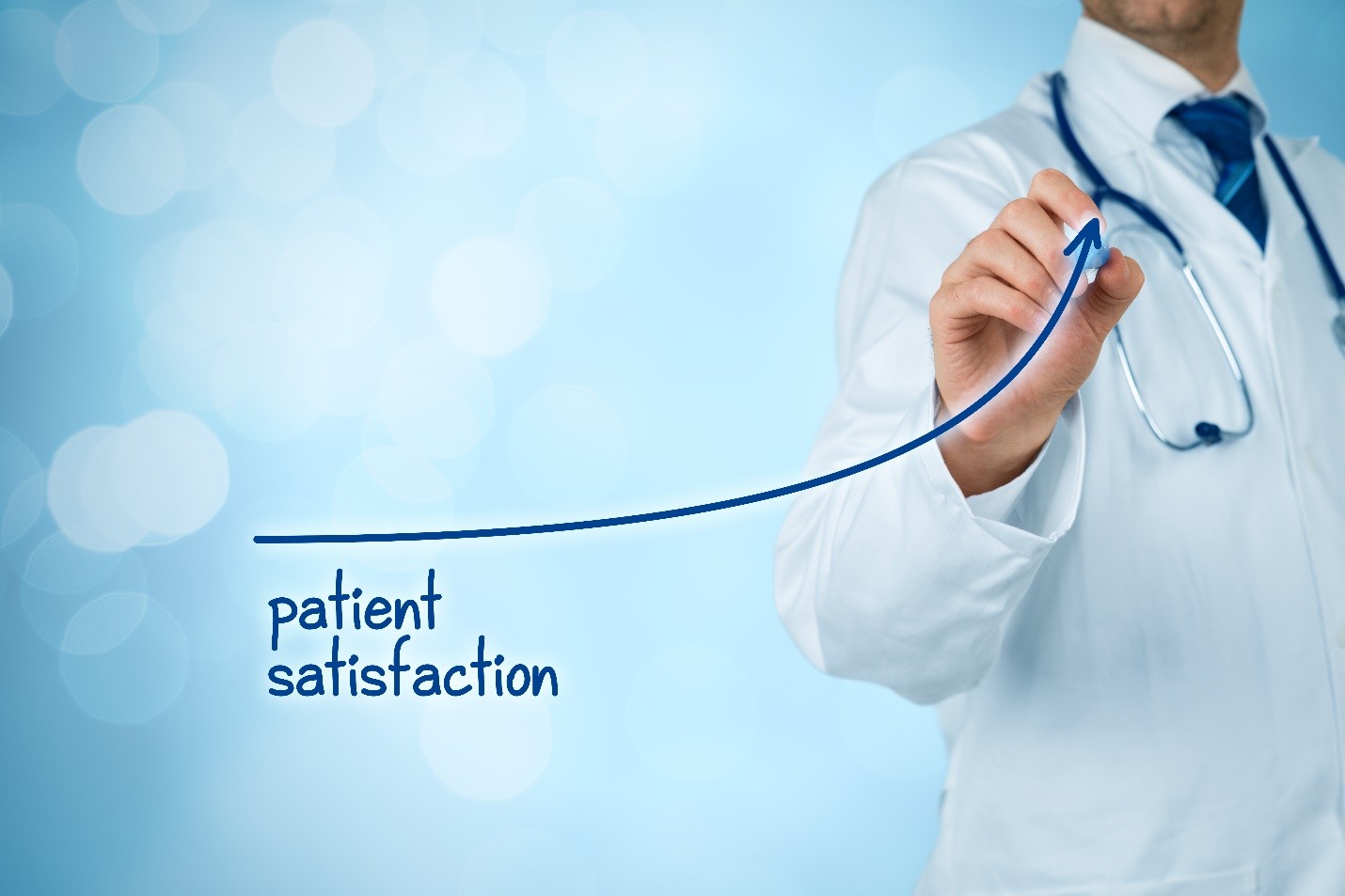A doctor drawing an upward trending line graph labeled patient satisfaction