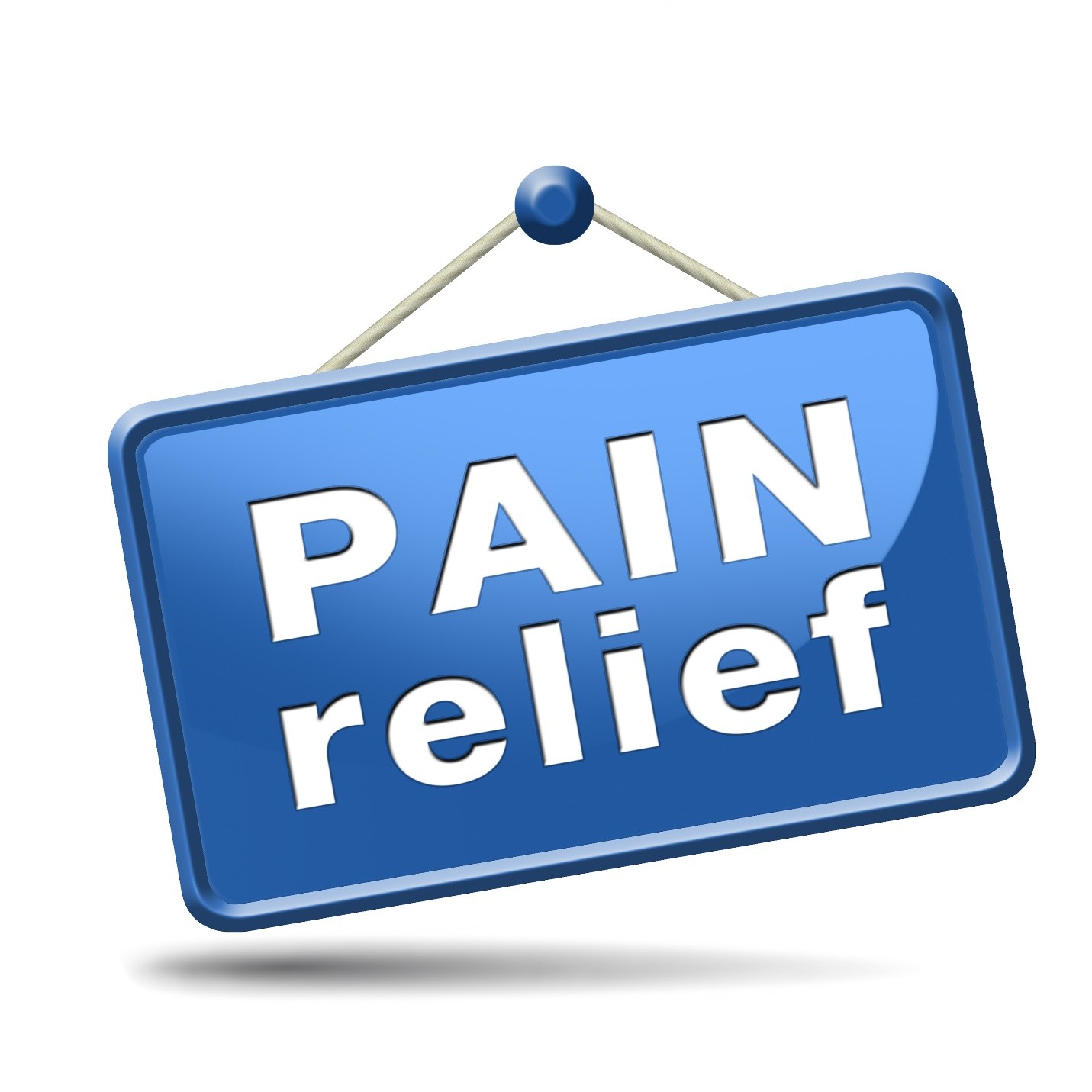 A blue hanging sign with the text PAIN relief in white letters