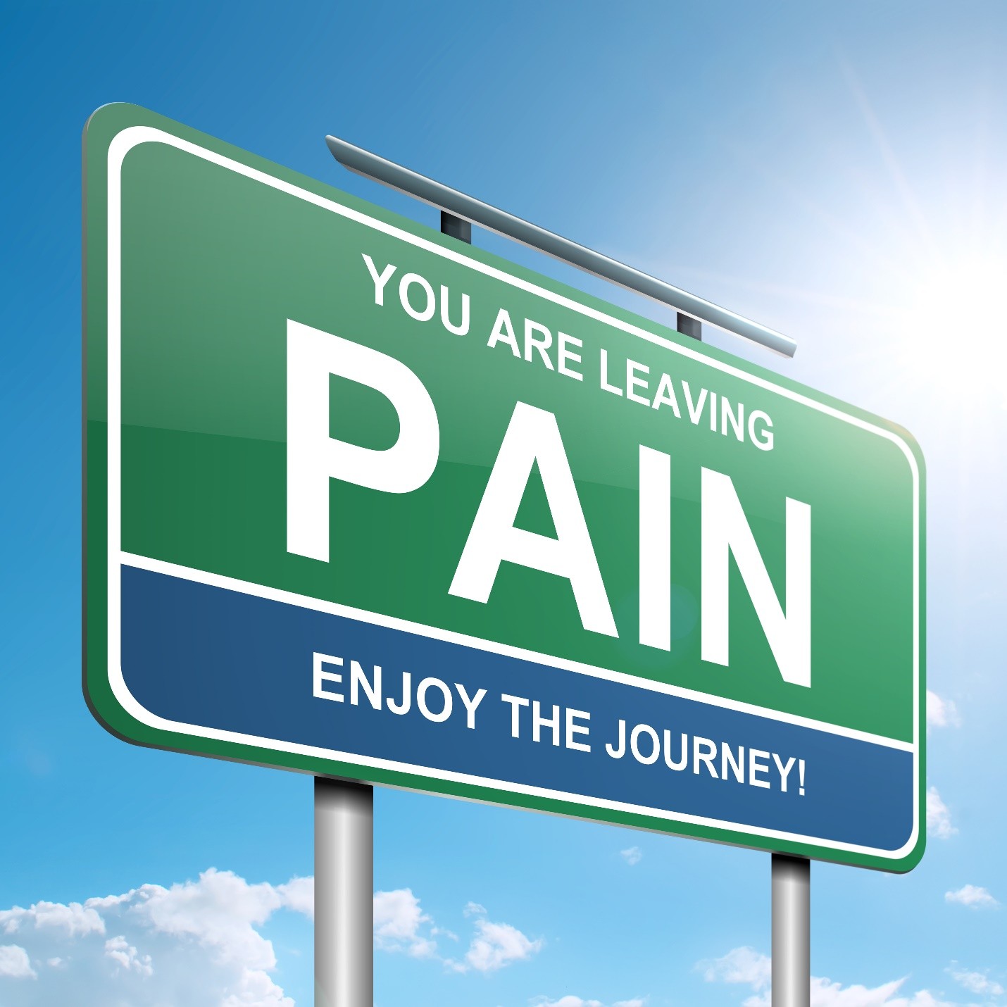 A green road sign reading You Are Leaving Pain — Enjoy The Journey against a blue sky