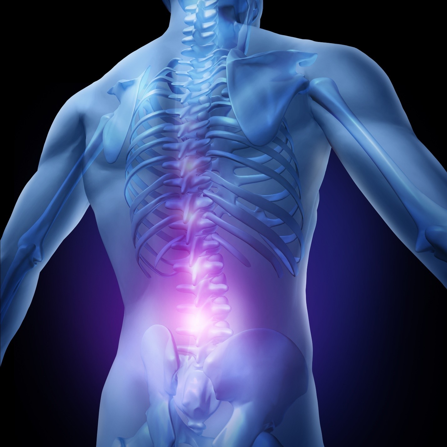 Illustration of a human torso showing the spine with highlighted areas indicating pain or injury